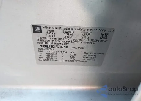 2015 Chevrolet Silverado 1500 Ls из США, поврежденный, VIN 3GCUKPEC1FG209758